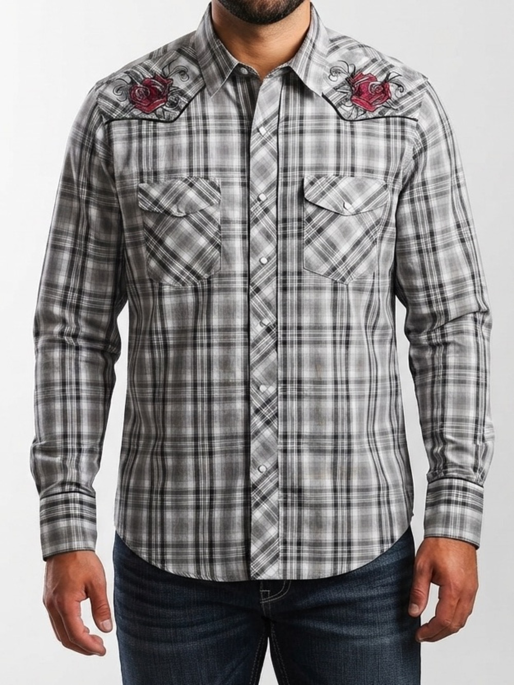 Roper Cowboy Western Shirt Size M Plaid Long Sleeve Embroidery Button Up